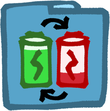 a blue folder. there is a mostly full green battery and mostly drained battery with arrows pointing between them inside it.